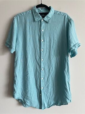 Rodd & Gunn Sports Fit Linen Button Up Shirt Blue Short Sleeve Summer L